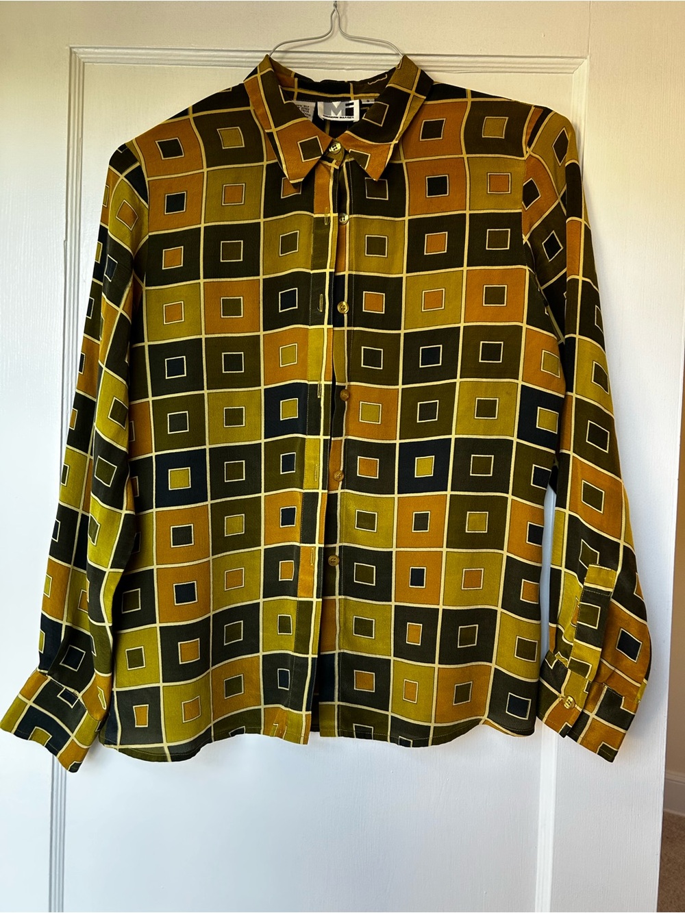 VTG 100% SILK Modern Images 70s Inspired Yellow Olive Geometric Button-Up Shirt